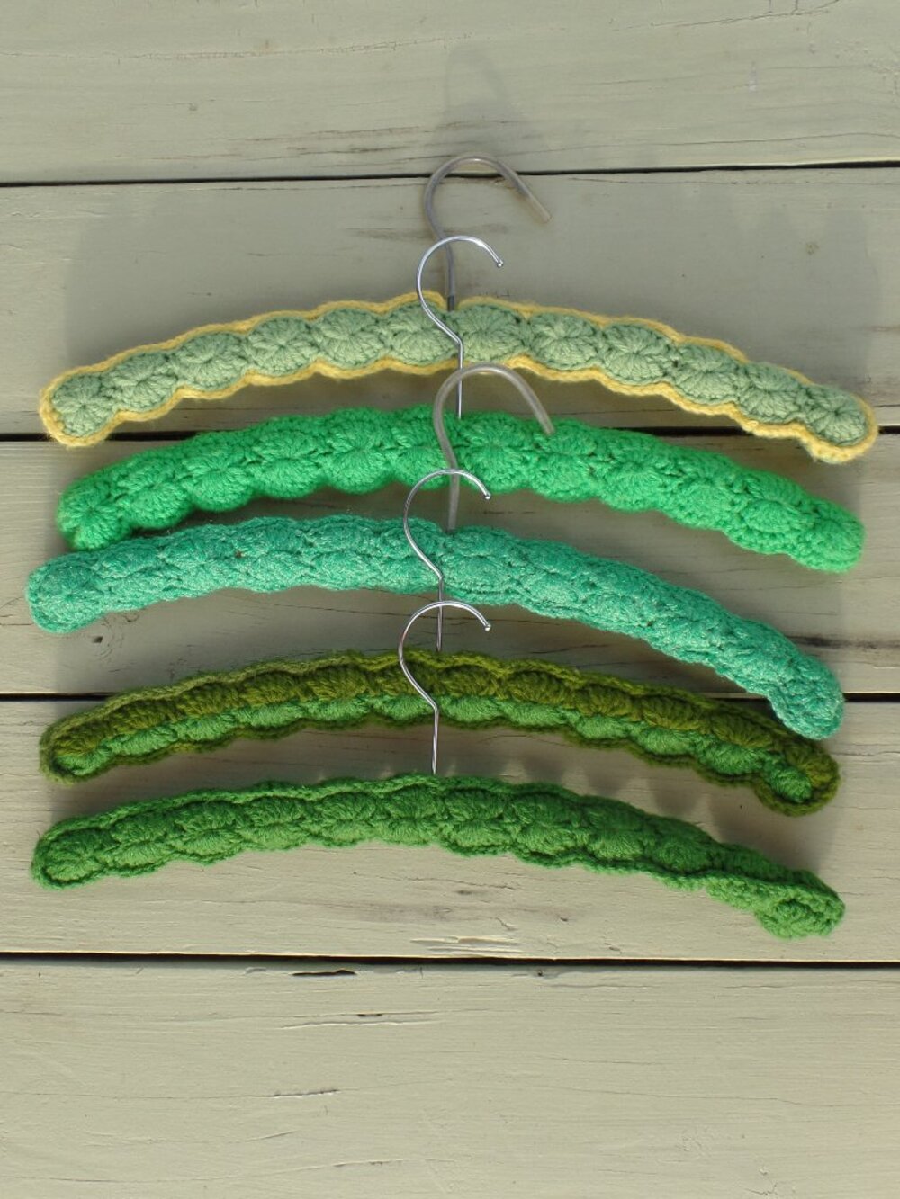 Vintage Hand Crocheted Hangers SET of 5 GREENS